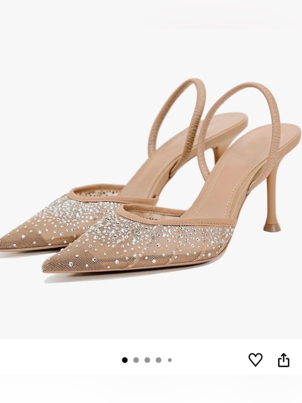 Beige Mesh Slingback Pointed Toe Heels with Crystal Embellishment - Size 6